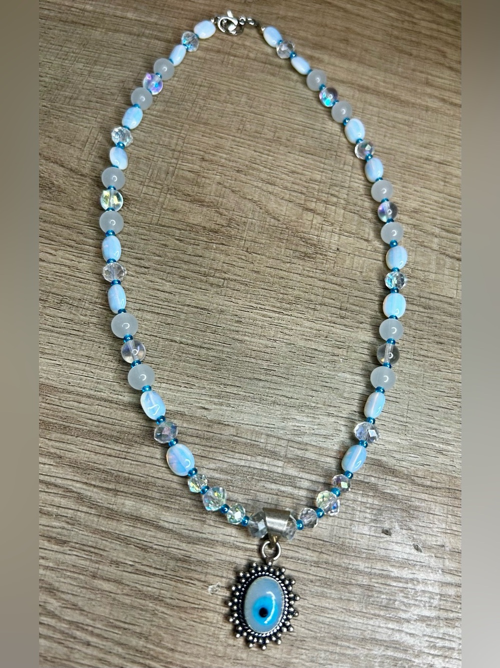 Opalite, Crystal & Blue Beaded Evil Eye Pendant Necklace handmade